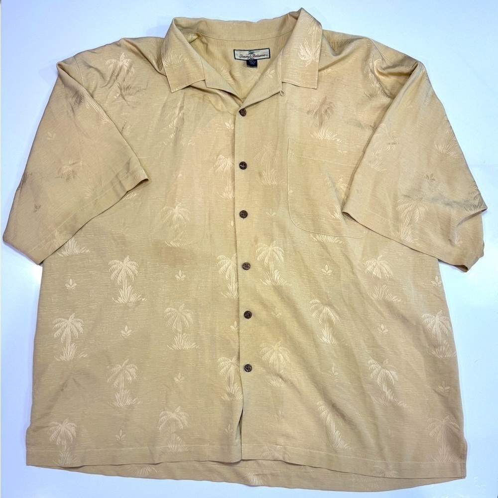 Tommy Bahama Shirt Mens 2XL XXL Gold 100% Silk Palm Tree Embroidered Hawaiian